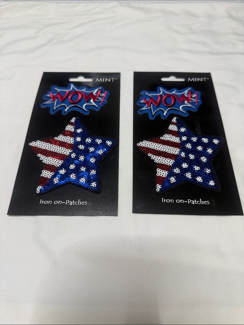 Sets of 12 Mint Sequin Star Iron-On Patches - Red, White & Blue (2 Pack)